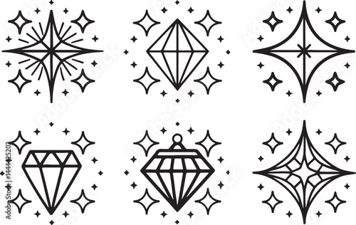 Set of 6 outline icons related to line sparkle, doodle and magic symbol elements. Linear icon collection. Editable stroke line art. Vector illustration.