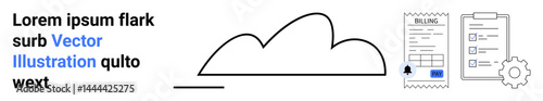 Abstract cloud, billing receipt, checklist clipboard, and gear icon suggest data management. Ideal for tech services, data storage, billing, organization, cloud apps finance simple landing page