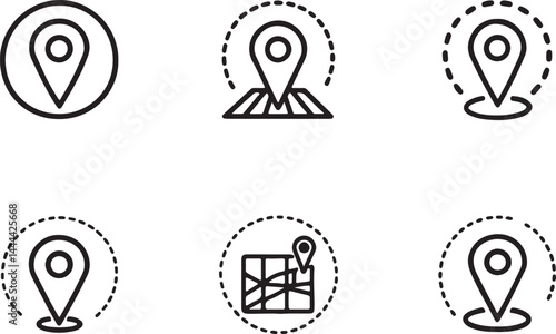 Set of 6 outline icons related to mapping, navigation, apps, website, standard, ping, location, GPS and more. Linear icon collection. Editable stroke line art. Vector illustration.