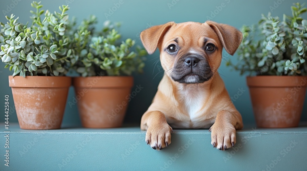 Adorable Puppy Posing with Potted Plants