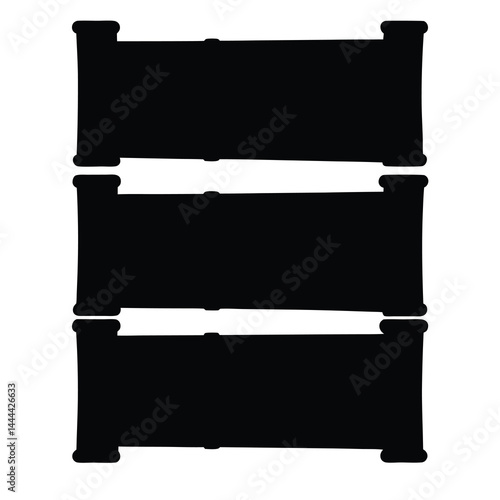 Three stackable solid black storage crates arranged vertically on a white backdrop