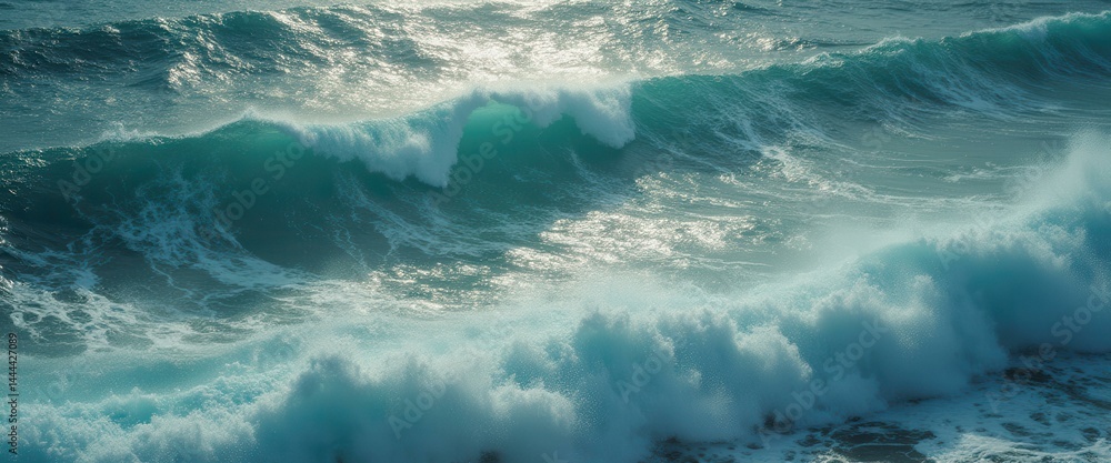 Fototapeta premium Powerful ocean waves with turquoise water crash, showcasing dynamic energy and pristine nature