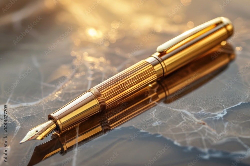 Naklejka premium Luxury Gold Fountain Pen on Marble Surface