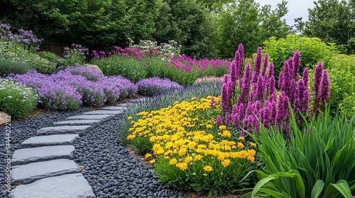 Fototapeta Naklejka Na Ścianę i Meble -  Vibrant summer garden path with blooming flowers and gravel rock stone image flora green plants
