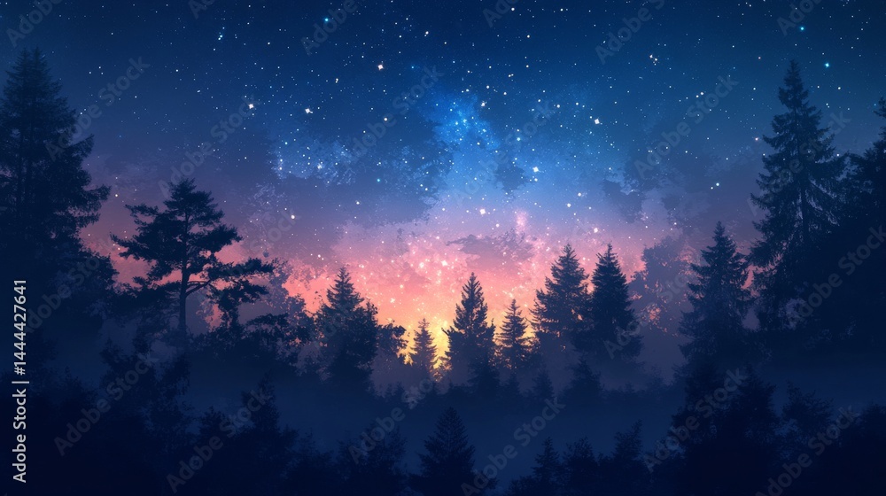 Naklejka premium Silhouetted forest at twilight under a starry night sky.