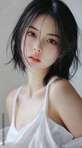 Soft Portrait of Beautiful Asian Woman with Short Hair in White Dress