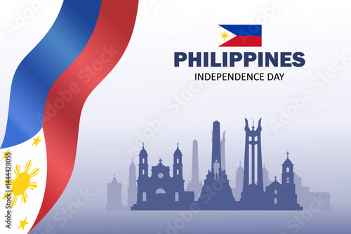 Philippines Independence Day banner, greeting card. Waving Philippine flag with skyline silhouette including Rizal Monument, Quezon Memorial Shrine, and historic churches. vector illustration.