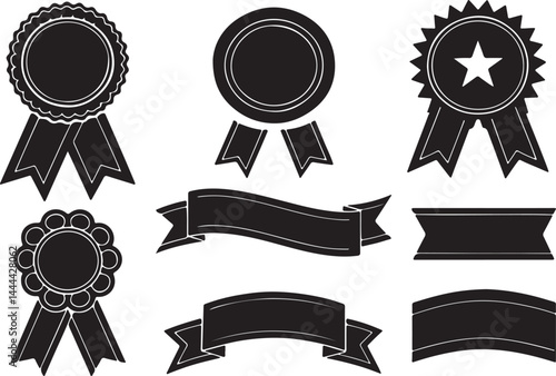 Set of 6 outline and silhouette icons related to ribbon and banners, circle ribbon and some variant shapes. Linear icon collection. Editable stroke line art. Vector illustration.