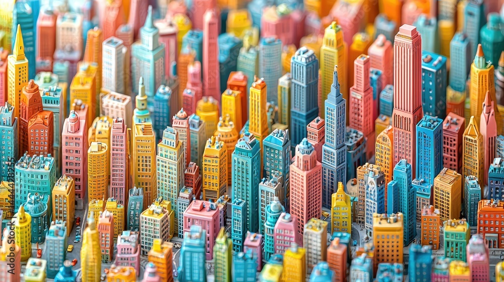 Fototapeta premium Vibrant, colorful cityscape. Densely packed high-rise buildings in a variety of pastel hues. 3D rendered digital art