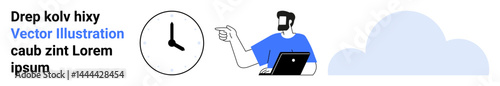 Man holding a laptop pointing at a clock, next to a cloud. Ideal for time management, productivity, scheduling, remote work, deadlines, technology, flat landing page banner