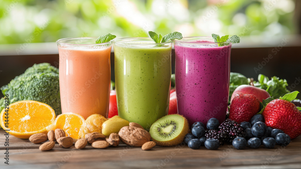 of fresh fruits and vegetables on wooden table featuring vibrant smoothies and nutritious salads. of fresh fruits and vegetables on wooden table featuring vibrant smoothies and nutritious salads.