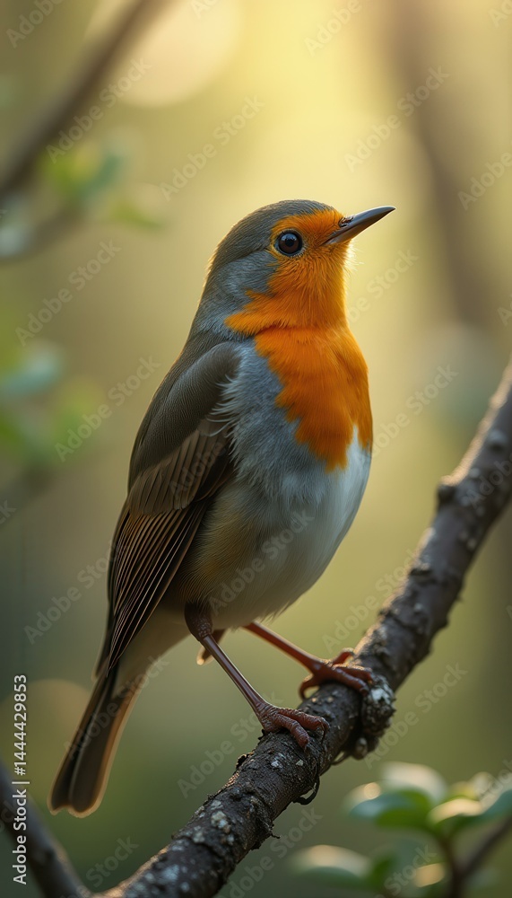 Fototapeta premium European Robin Perched on a Branch in Soft Sunlight, Detailed Plumage and Forest Setting