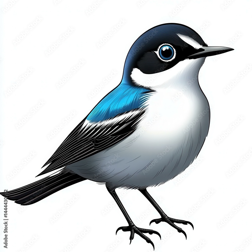 Detailed illustration of a small bird with blue and white plumage, perched on a white background.