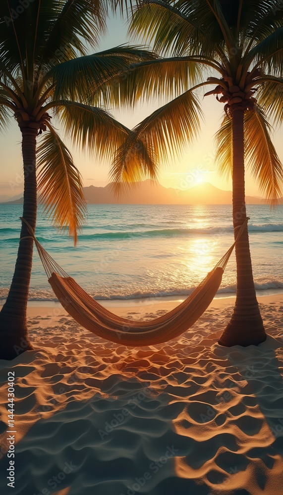 Tropical beach hammock relaxation under palms at sunset with ocean view