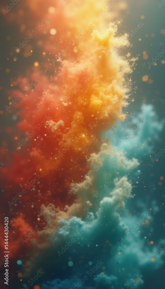 Abstract Cloudscape: Vivid Orange, Yellow, and Turquoise Hues with Glittering Bokeh Accents