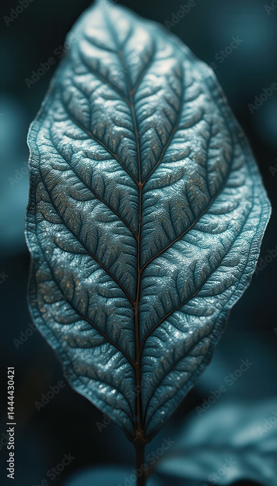 Close-up of a Blue-Tinted Leaf with Detailed Veins and Texture, Captured in a Cinematic, Artistic Style for Botanical Concepts