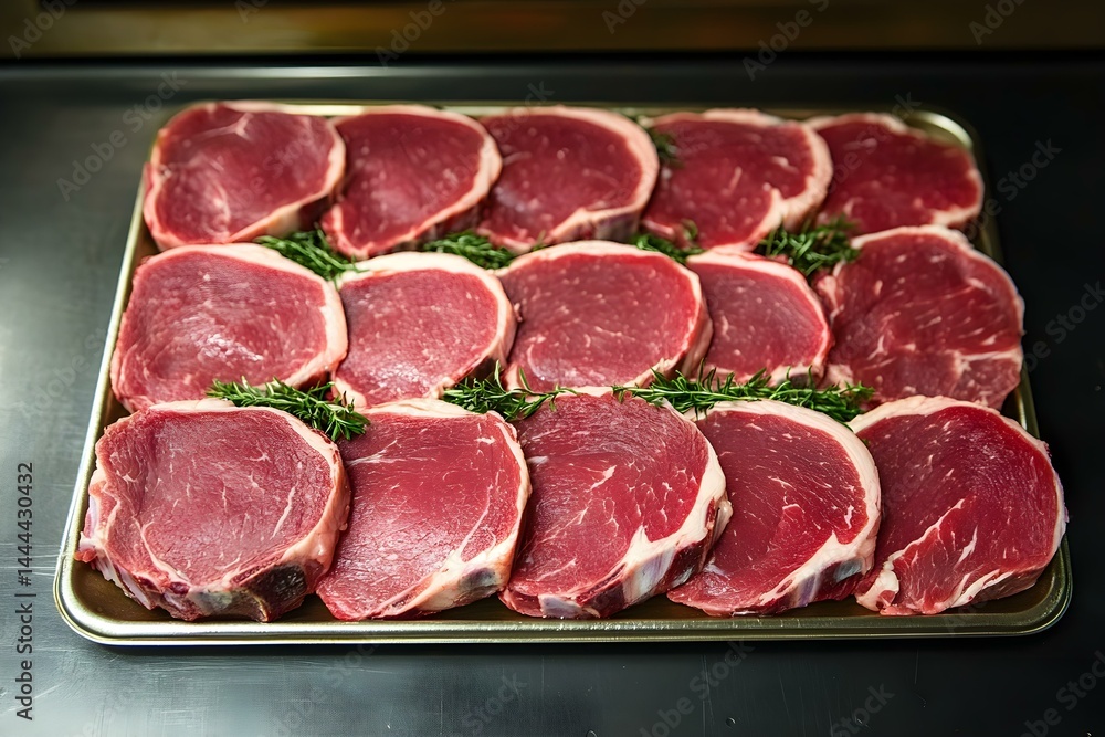 Fototapeta premium Title: Slices of Marbled Beef Arranged Neatly on a Tray Showcasing Premium Quality