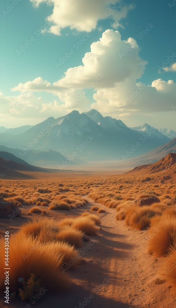 Majestic Mountain Vista Over Arid Plains with Golden Grass and a Path to Distant Peaks Under a Cloud-Strewn Sky