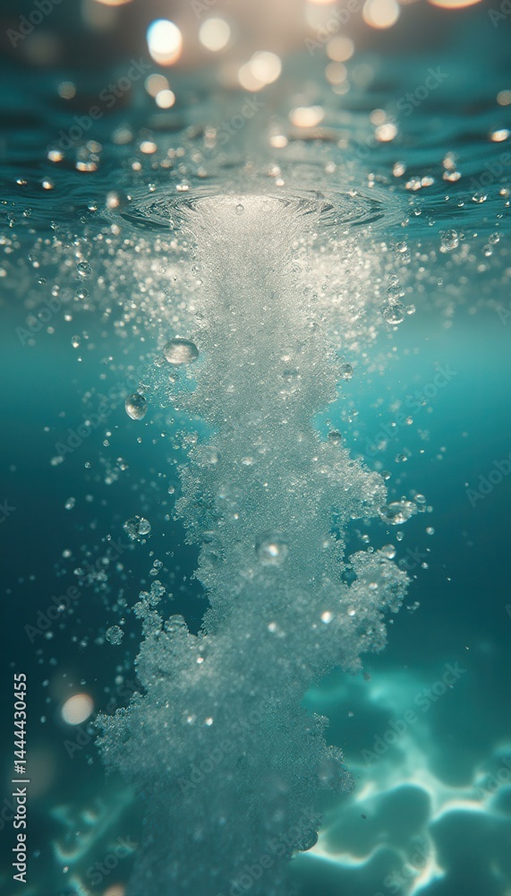 Underwater Bubble Plume Ascends Towards Surface in Tranquil Blue Water