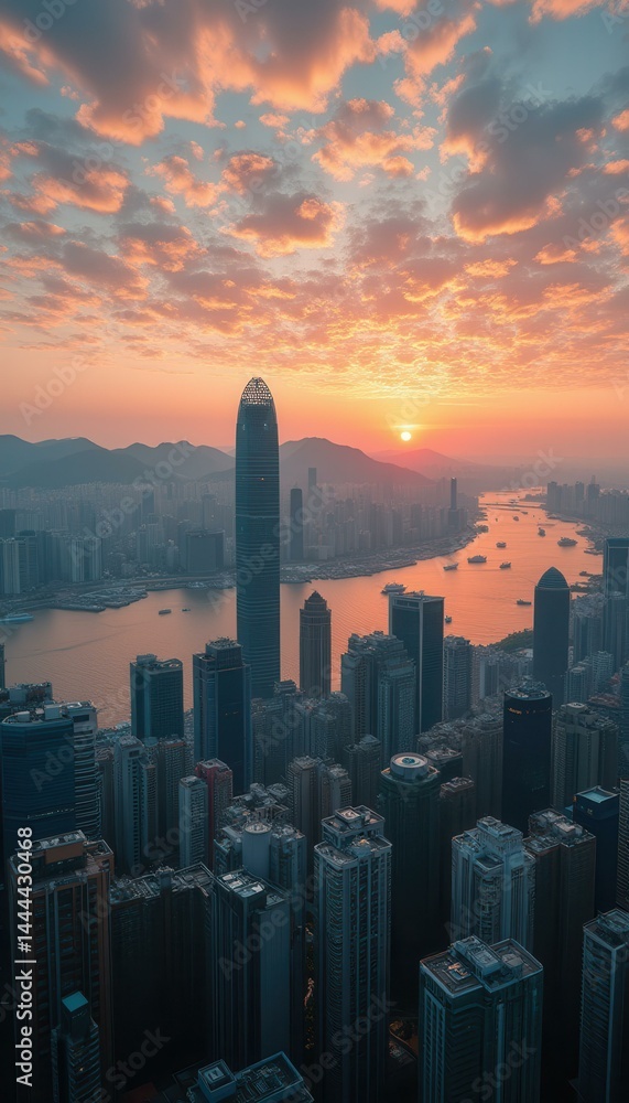 Vivid sunrise bathes a sprawling metropolis skyline, illuminating a winding river and a dense cityscape