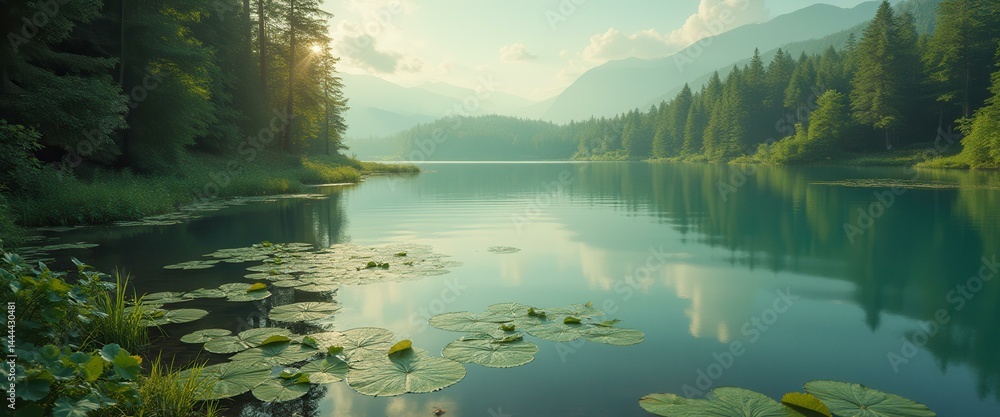 Serene Lake Scene with Lily Pads and Lush Green Forest Reflecting in Calm Waters, Mountain Backdrop