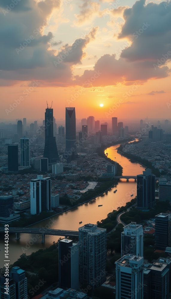 Aerial View of a Fictional Cityscape at Sunset with River and Skyscrapers
