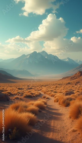 Obraz na płótnie Majestic Mountain Vista Over Arid Plains with Golden Grass and a Path to Distant Peaks Under a Cloud-Strewn Sky w salonie