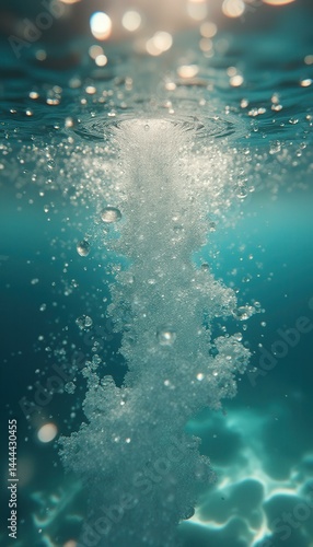 Obraz na płótnie Underwater Bubble Plume Ascends Towards Surface in Tranquil Blue Water w salonie