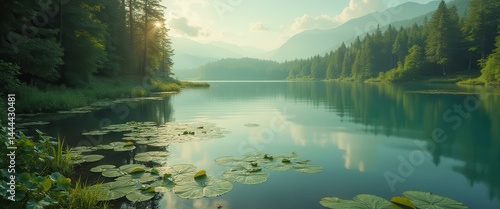 Obraz na płótnie Serene Lake Scene with Lily Pads and Lush Green Forest Reflecting in Calm Waters, Mountain Backdrop w salonie