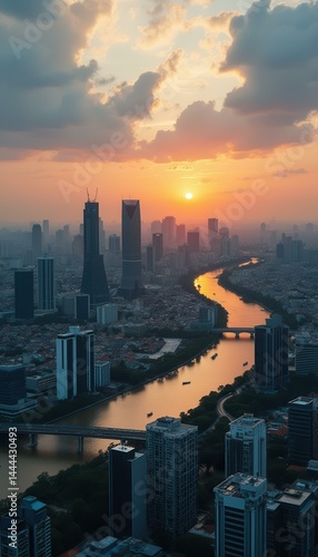 Obraz na płótnie Aerial View of a Fictional Cityscape at Sunset with River and Skyscrapers w salonie