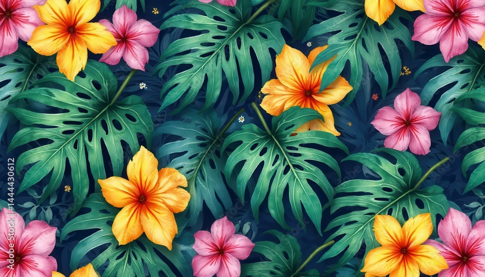 Lush Tropical Pattern with Monstera Leaves and Vibrant Hibiscus Flowers in a Watercolor Style