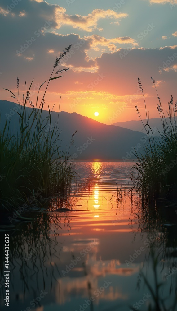 Serene Lake Sunset with Mountains and Reflections in Still Water