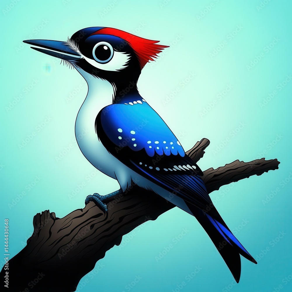 Cartoon Woodpecker Perched on Branch with Red Head and Blue Body in a Light Blue Background