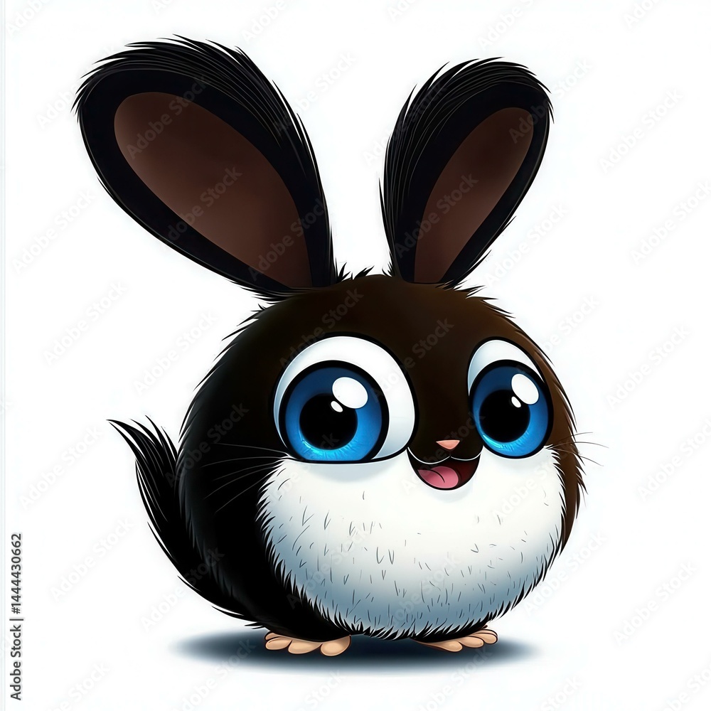 Cute and Fluffy Round Bunny with Big Blue Eyes on a White Background