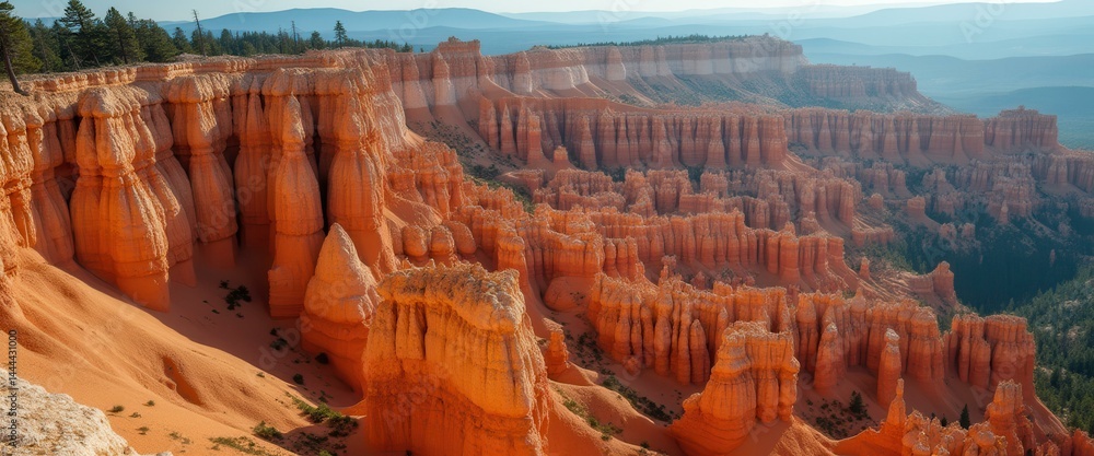 Orange rock formations stretch into the hazy horizon in a canyon landscape