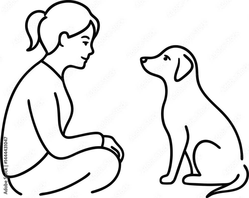 Obraz premium Continuous line art of a dog bonding with its owner symbolizing friendship loyalty and emotional ties ideal for pet care themes and minimalist animal illustrations