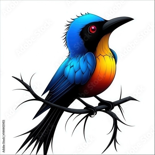 Vibrant Blue Sunbird Perched on a Branch Against a White Background - Detailed Illustration