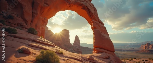 Majestic desert rock arch framing a brilliant sunrise in a surreal landscape