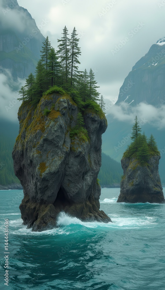 Dramatic coastal scene of rugged rock formations topped with evergreen trees in a misty marine environment