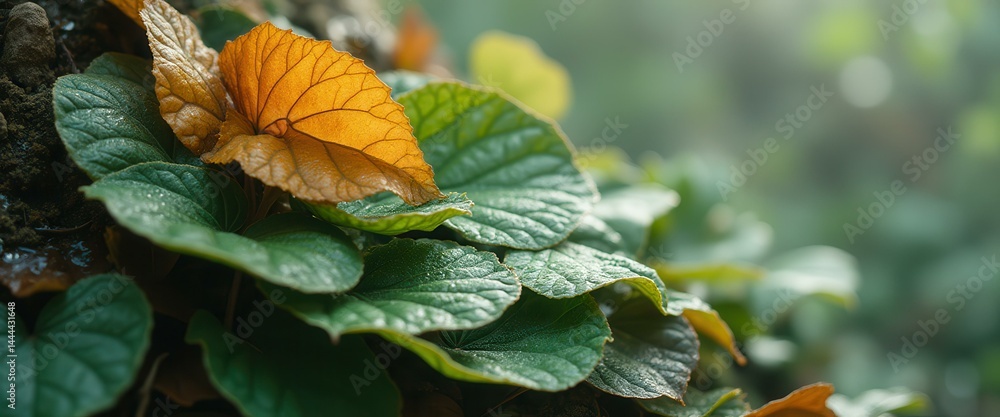 Green leaves and a yellow leaf grow from a rocky surface with a blurred background of foliage.