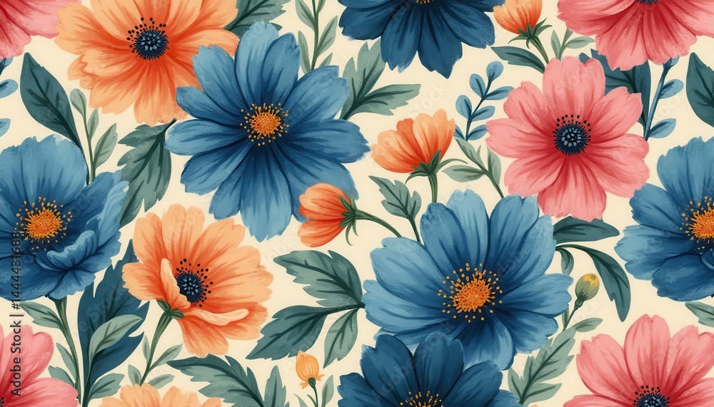 Floral watercolor illustration with blue, orange, and pink flowers on light background