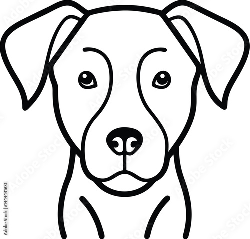 Front facing dog head illustrated in black linear sketch on white background ideal for monochrome pet portraits minimalist canine designs and modern dog artwork