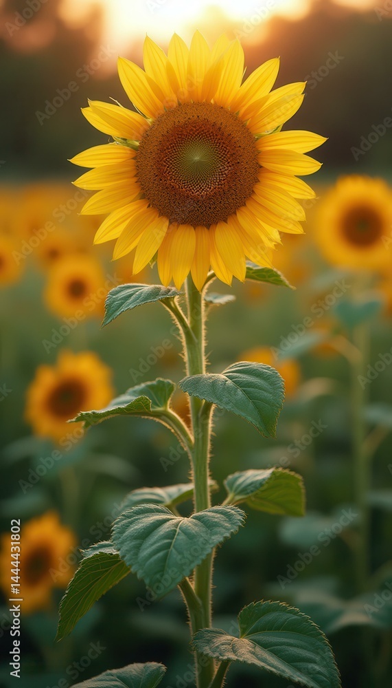 Sunflower field at sunset, glowing with warmth and color, showcasing natural beauty and floral detail