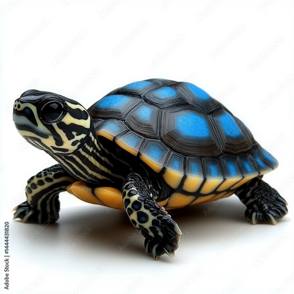Captivating Turtle Portrait: Blue-Spotted Shell on a White Background