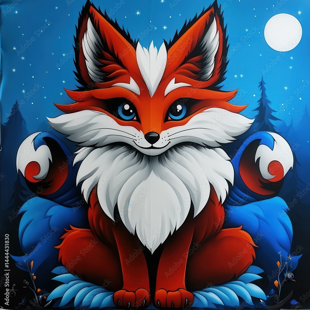Whimsical Fox in a Winter Wonderland: Cartoon Animal with Blue Eyes and Snowy Landscape