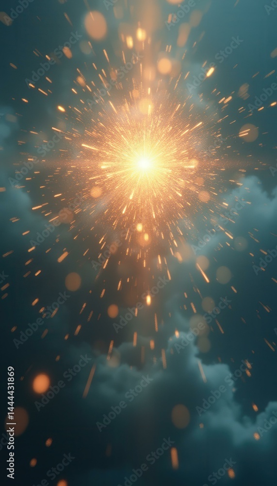 Ethereal Burst: A Cinematic Depiction of Light and Energy Radiating Through Atmospheric Clouds, Sparkling with a Soft, Golden Glow
