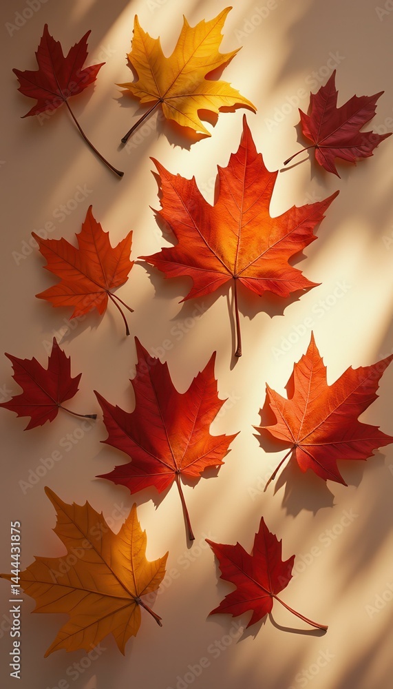 Vivid Autumn Leaves Displayed on a Soft Background, Showcasing Seasonal Colors and Textures