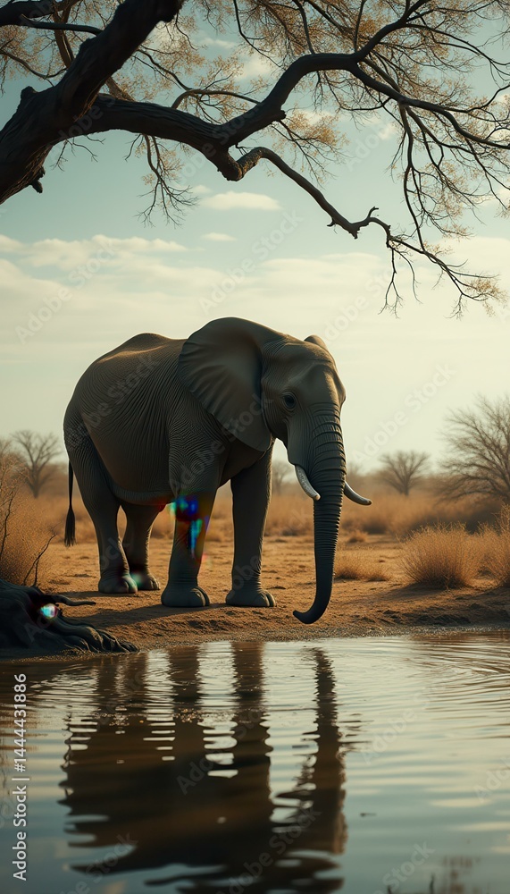 Elephant drinks from a watering hole in African savanna at twilight