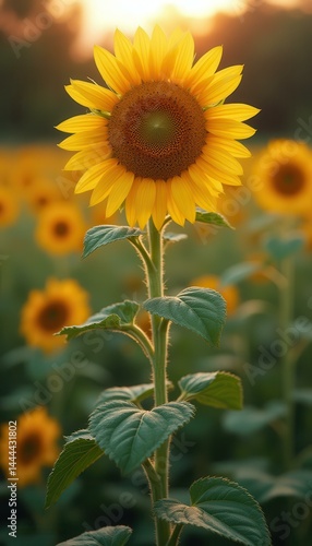 Obraz na płótnie Sunflower field at sunset, glowing with warmth and color, showcasing natural beauty and floral detail w salonie