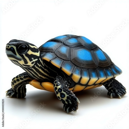 Captivating Turtle Portrait: Blue-Spotted Shell on a White Background